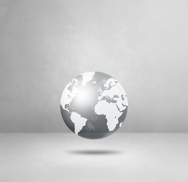 World globe, grey earth map, isolated on white. Square background
