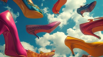 A wide variety of women's shoes flying all over the sky, Colorful. Generative AI.
