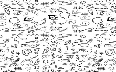Seamless pattern with black and white linear arrows and doodle-style symbols. Vector illustration for printing on paper, fabric, packaging on a white background.