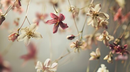  a close up of a bunch of flowers on a branch with pink and white flowers in the middle of the picture.