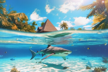 Fototapeta premium Shark swims in clear blue water near resort beach, theme of ocean life, coral reefs, wildlife and tourism, generated by AI