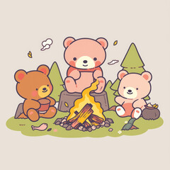Obraz na płótnie Canvas Cute Campfire Bears, Camping Bears in a Forest Illustration, Digital Art