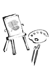 キャンバスとイーゼルと絵筆とパレットの手描きイラスト