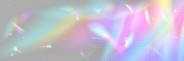 Rainbow light flare effect. Vector realistic illustration of holographic crystal refraction, background overlay, iridescent sunlight leak, lens glare, abstract beam reflection on water or film surface - obrazy, fototapety, plakaty