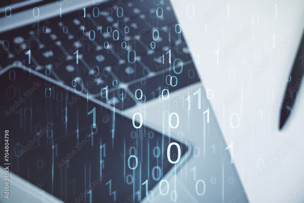 Aufkleber Creative concept of binary code illustration on modern laptop background. Big data and coding concept. Multiexposure