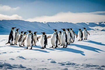 Describe the challenges faced by a group of penguins as they migrate to a warmer climate