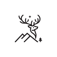 Majestic Stag Overlooking a Starry Night Atop Rolling Hills - A Minimalist Line Art Representation