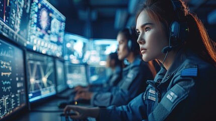 Female and Male Military Officers Working at System Control Center, Government Surveillance Agency and Military Joint Operation. Generative AI.