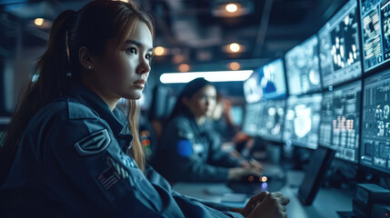 Female and Male Military Officers Working at System Control Center, Government Surveillance Agency and Military Joint Operation. Generative AI. - obrazy, fototapety, plakaty