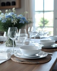 Fototapeta premium All white elegant dining table set up. Generative AI.