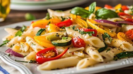  a close up of a plate of food with pasta and veggies on a table next to a glass of water.