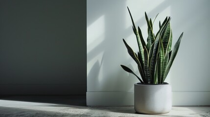  a green plant in a white pot sitting on a table next to a white wall with a shadow cast on it.