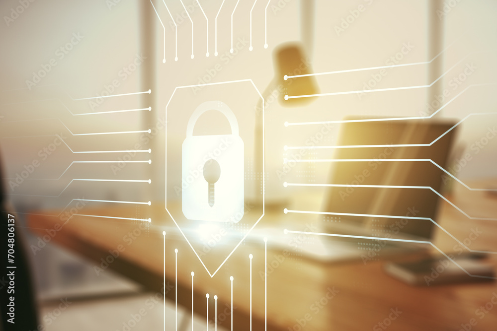Poster creative light lock illustration with microcircuit on modern computer background, cyber security con
