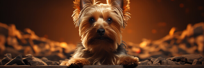 Closeup of silky terrier dog on a blurred brown background.Animal wide web banner - obrazy, fototapety, plakaty