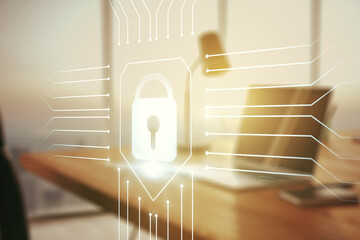 Creative light lock illustration with microcircuit on modern computer background, cyber security...