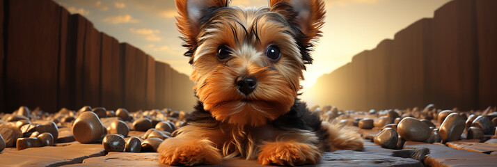 Closeup of Yorkshire terrier dog on a blurred sunset sky background.Animal wide web banner