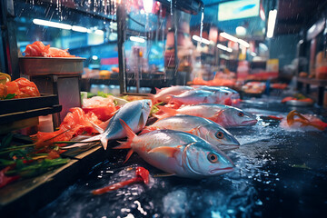 Raw fish market, wet market or fresh seafood market - Powered by Adobe