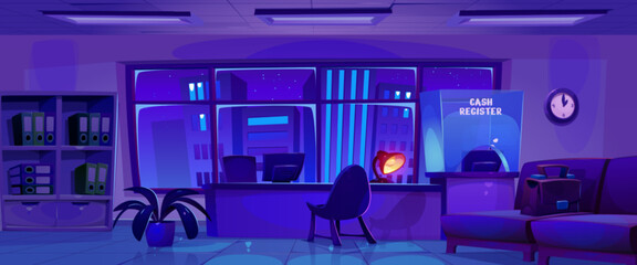 Empty dark bank office interior at night. Cartoon vector illustration of room for clients service with computer and lamp on manager table, cash register with glass wall, cabinet with document and sofa - obrazy, fototapety, plakaty