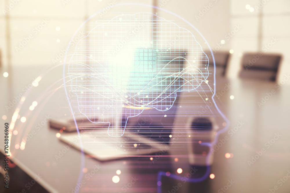 Aufkleber double exposure of creative human head microcircuit with computer on background. future technology a