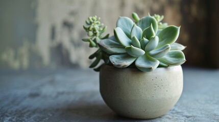 a close up of a small potted plant on a table with a blurry wall in the back ground.