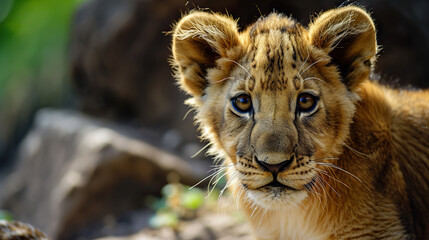 Portrait of a lion cub in the wild, close-up.