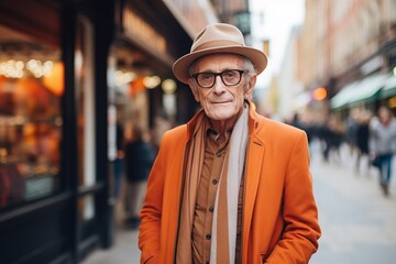 Portrait of senior man walking in the street. Old man with hat and coat.