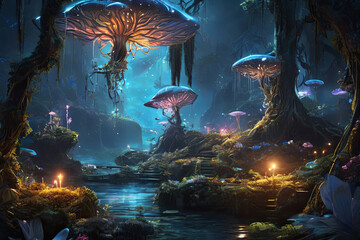Enchanting Pandora night. Bioluminescent forest with glowing plants, creatures, woodsprites. Serene scene evoking an otherworldly landscape.