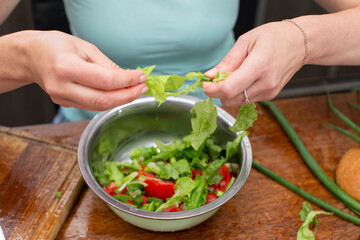 Chop the green lettuce and place in a bowl. Prepare the salad.