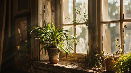 Fototapeta na wymiar a potted plant sitting on a window sill next to a potted plant on a window sill.