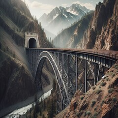 Steel railway bridge spans Hells Canyon, leading into a mountain tunnel - obrazy, fototapety, plakaty