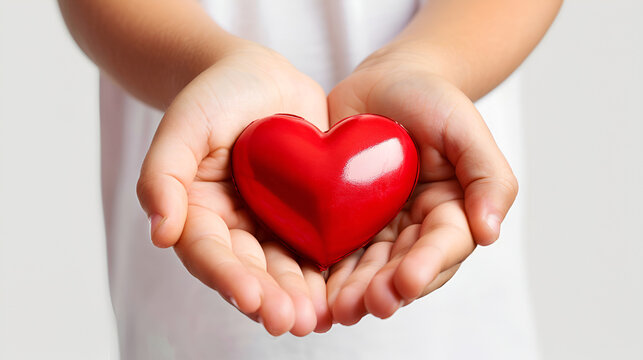 Children's hands holding a heart, a symbol of love and care, ideal for social campaigns and charity.