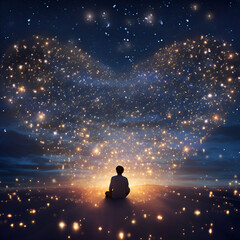 Fototapeta na wymiar Man meditating in the starry sky with a lot of stars