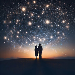 Silhouette of a loving couple on a background of the starry sky