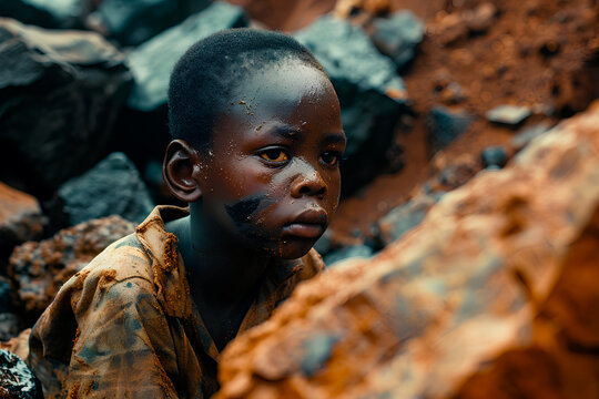 Conceptual image of an African child suffering in inhumane mining conditions. Cobalt mining