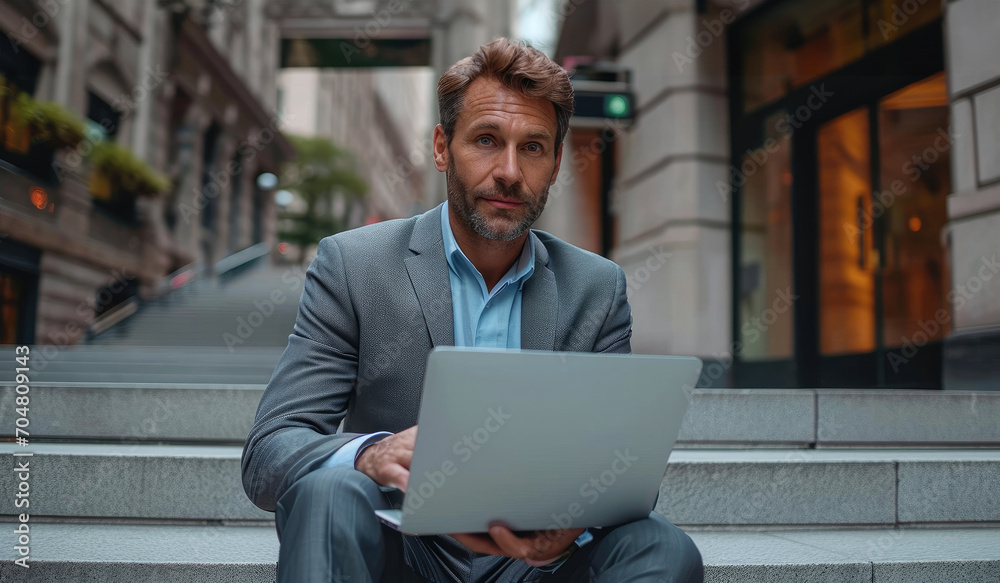 Aufkleber businessman in a suit is sitting on steps next to business center and working on a laptop. generativ