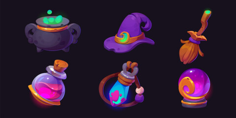 Wizard or witch game cartoon icons. Vector illustration of magic staff of cauldron with mystery green potion, purple hat and wooden broom, fantasy fortune ball and amulet, glass bulb with pink poison. © klyaksun