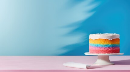 Multi-colored cake with layers on plate and window shadow. The sponge Pastry is decorated multicolored cream with blue background with copy space. Happy Pride month