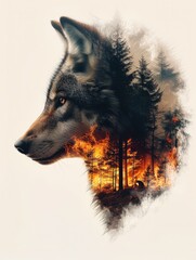 Double exposure Portrait Poster for a forest fire inside a wolf. Generative AI. © visoot