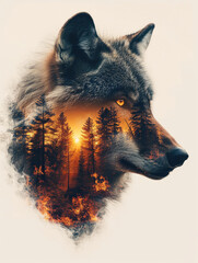 Double exposure Portrait Poster for a forest fire inside a wolf. Generative AI.