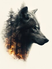 Double exposure Portrait Poster for a forest fire inside a wolf. Generative AI. © visoot