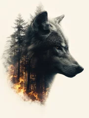 Double exposure Portrait Poster for a forest fire inside a wolf. Generative AI. © visoot