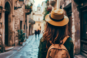 A female traveler seen from behind, exploring the historical streets of a city. Embodies the concept of vacation travel.