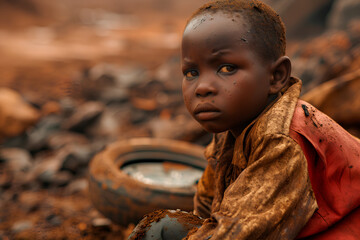 Conceptual image of an African child suffering in inhumane mining conditions. Cobalt mining - obrazy, fototapety, plakaty