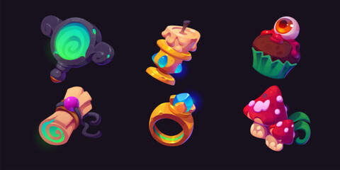 Wizard or magician game cartoon icons set. Vector magic witch staff - fantasy glow mirror and candle, cupcake with eye on top and poisonous mushrooms, scroll of ancient paper and ring with gem.