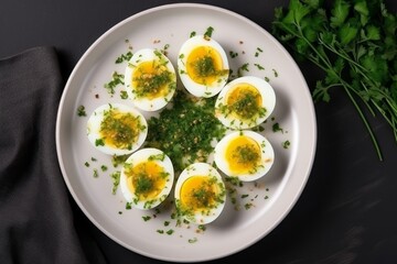 Hard-Boiled Eggs with Parsley on a White Plate