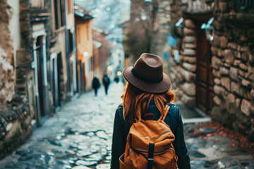 Obraz premium A female traveler seen from behind, exploring the historical streets of a city. Embodies the concept of vacation travel.