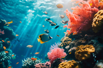 Naklejka na ściany i meble Vibrant underwater scenery showcasing a diverse array of sealife in a tropical ocean.