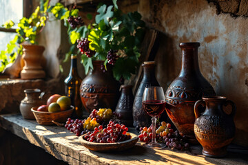 A glass of wine and bunches of grapes on an old table in a distillery, next to traditional clay jugs, time for traveling along popular routes, wine tasting - obrazy, fototapety, plakaty