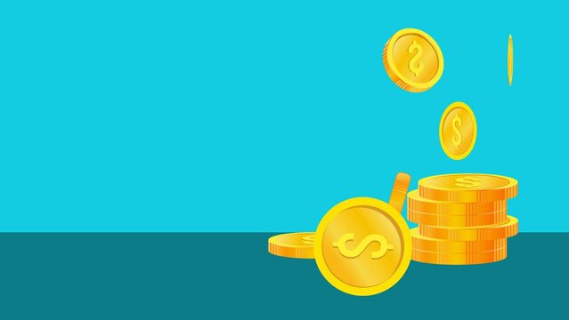 Animated illustration of a rotating 3D dollar coin. cash. collecting money for wealth on light blue and dark blue background
