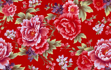 Red floral fabric. Traditional Chinese fabric sample.